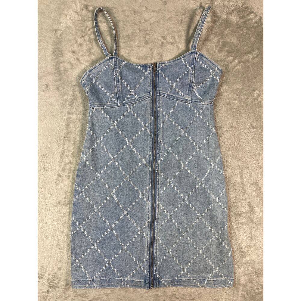 Y2K Denim Bodycon Dress Medium Zip Front Forever 21 Blue Mini Dress - Picture 4 of 5